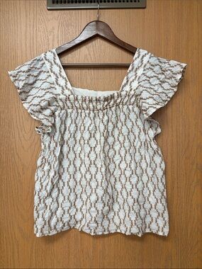 a.n.a White & Brown Smocked Square-Neck Flutter Sleeve Top